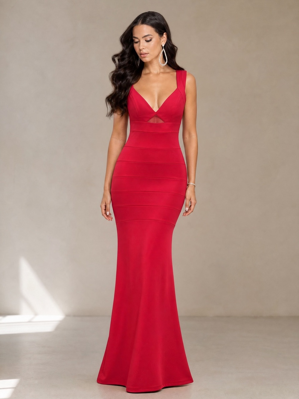 Honey and Rosie Red Sleeveless V-Neck Mermaid Gown